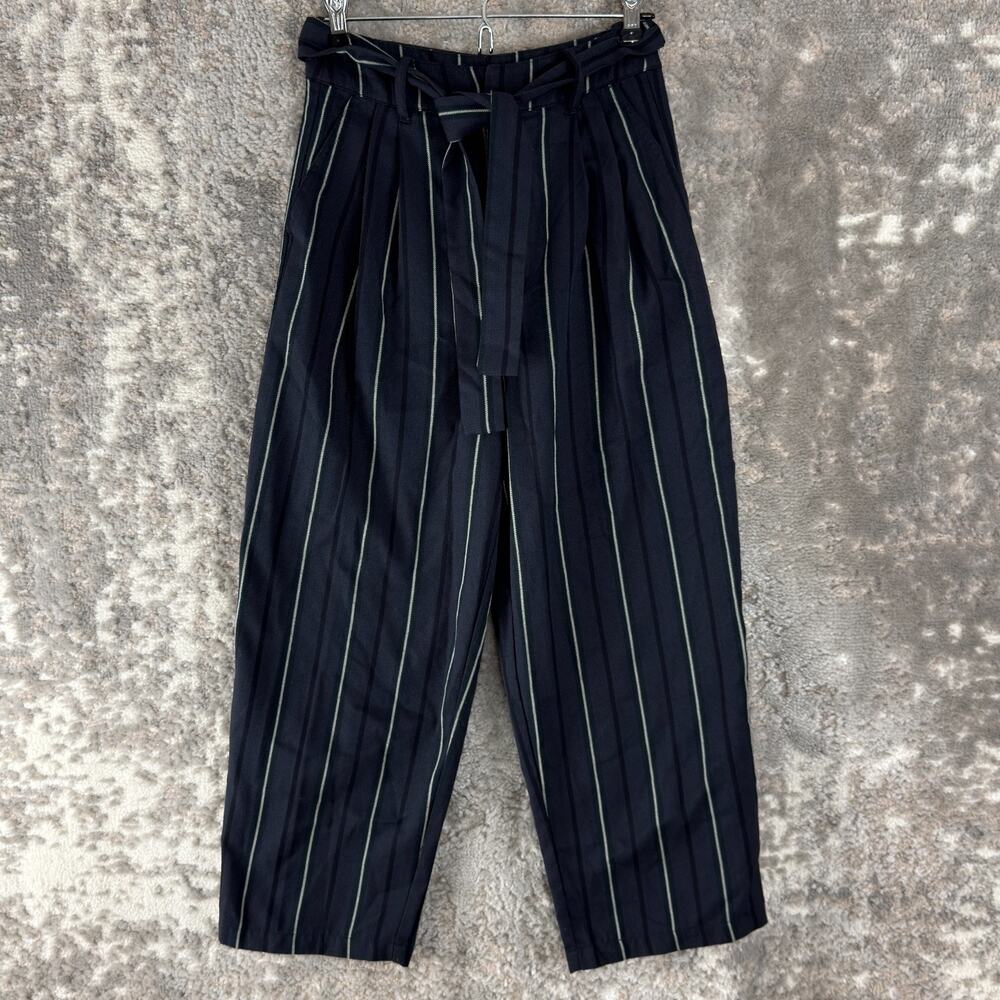 Pull & Bear‎ Size 4 Ankle Striped Tie Waist Navy Pants Zip Casual